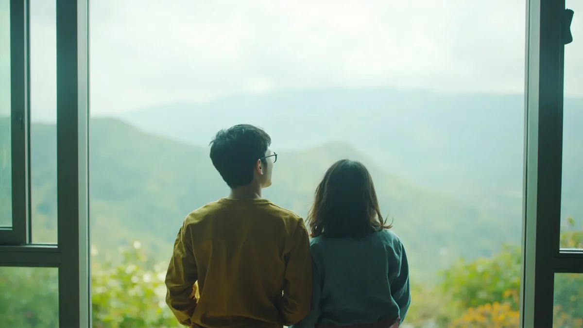 Two friends admire a scenic landscape from a high point, illustrating “the view is beautiful” in Chinese: 风景真美 (fēngjǐng zhēn měi)