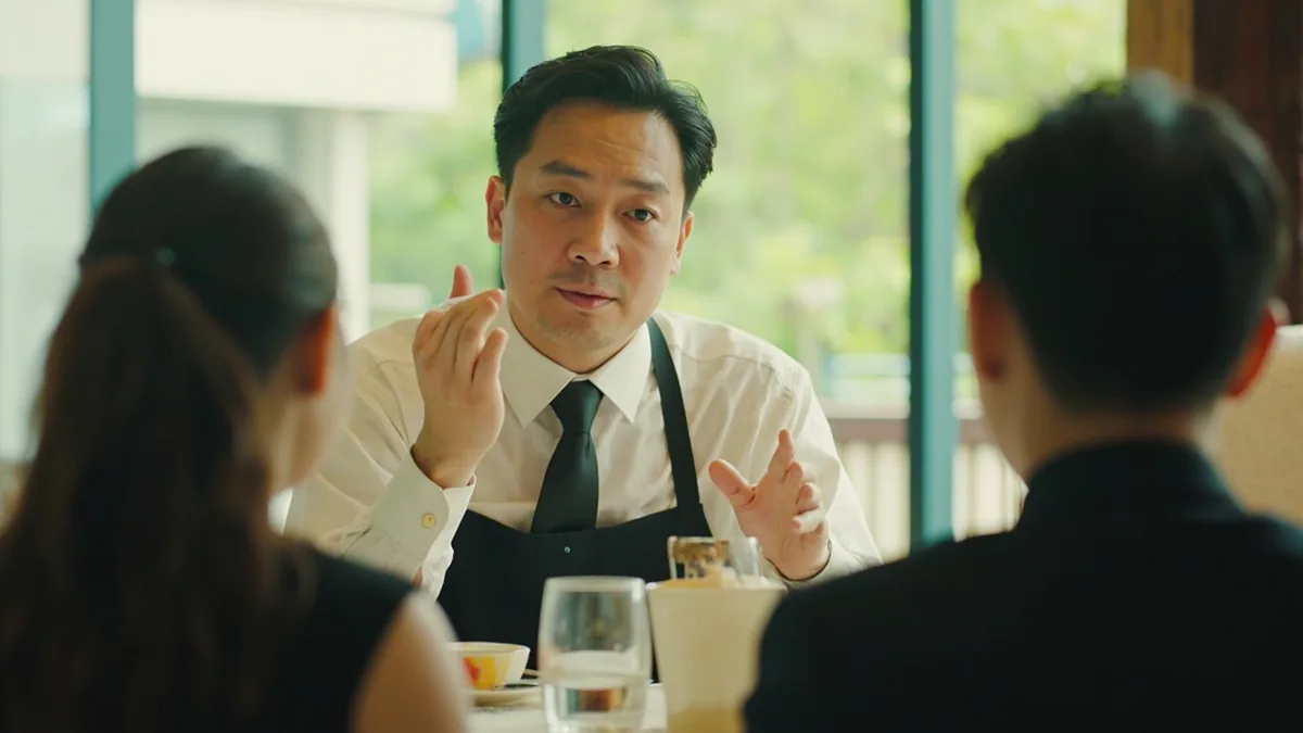 A restaurant host informs waiting guests about the approximate wait, illustrating “the wait is about 30 minutes” in Chinese: 大概需要等三十分钟 (dàgài xūyào děng sānshí fēnzhōng.)