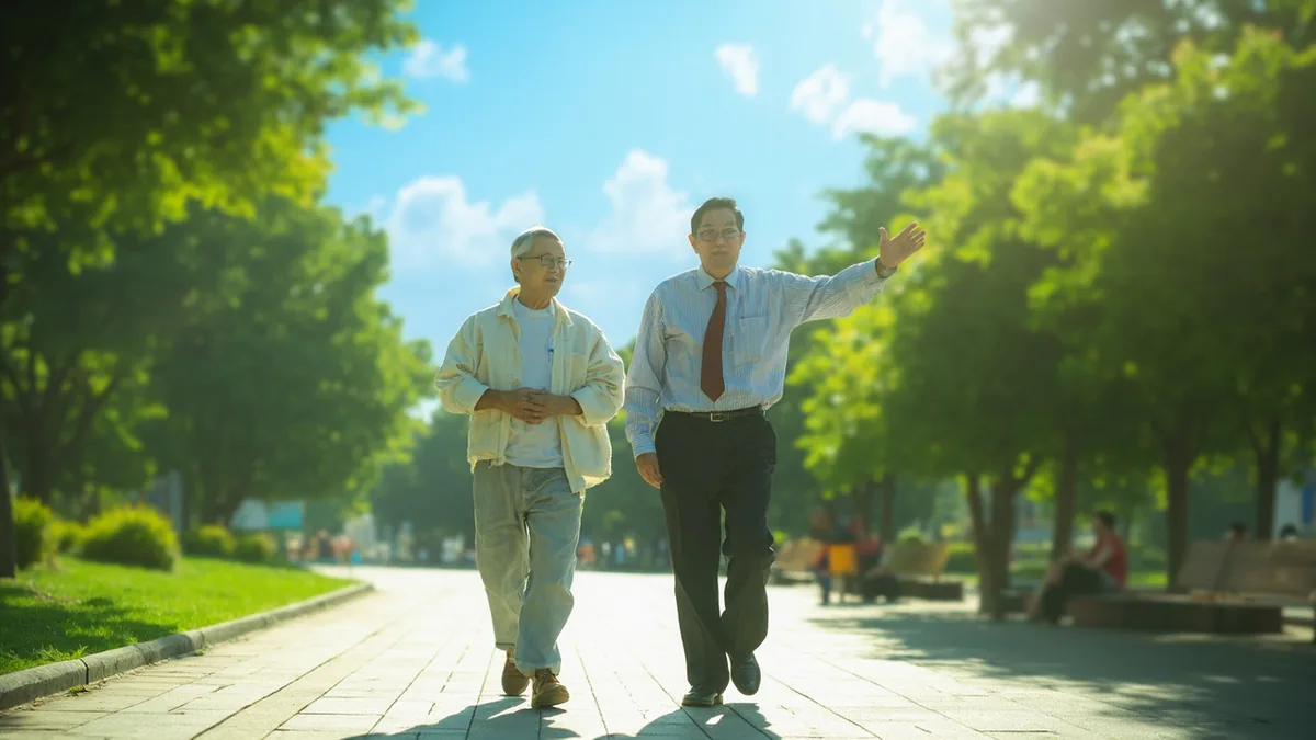Two individuals enjoy a sunny day in a park, illustrating “the weather is great today” in Chinese: 今天天气真好 (jīntiān tiānqì zhēnhǎo)
