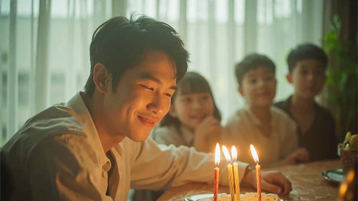 A person blows out candles on a small cake for a milestone birthday, illustrating “thirty” in Chinese: 三十 (sānshí)