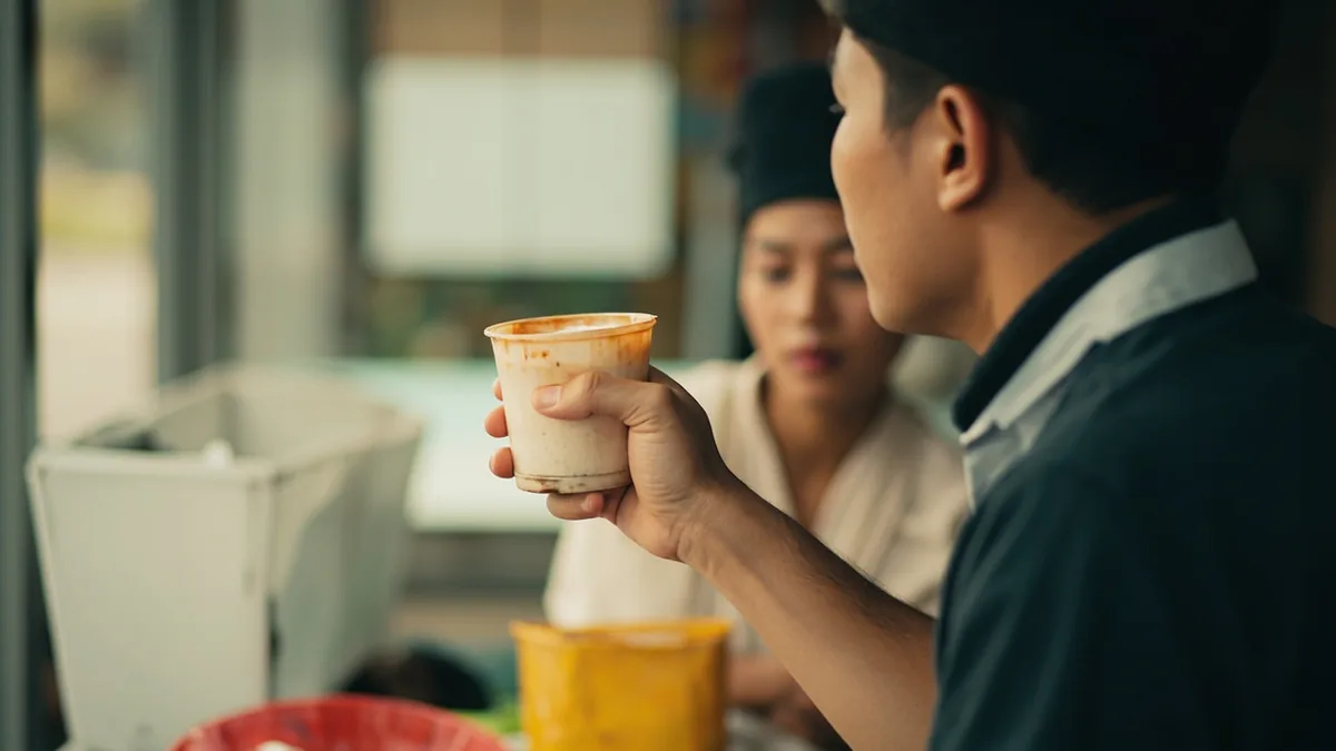 A vendor holds up a plain, unbranded container, showing it to a customer, illustrating “this is the last one” in Chinese: 只剩这一个了 (zhǐ shèng zhè yí ge le)