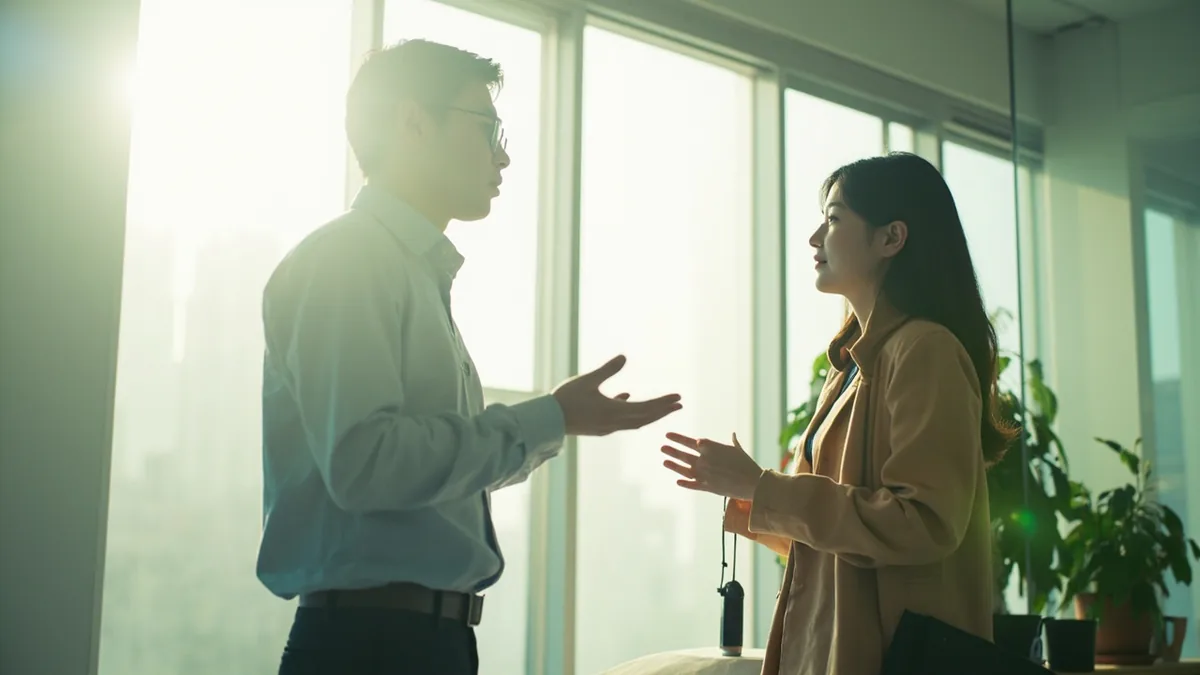 Two colleagues discuss their professional goals for the current year, illustrating “this year” in Chinese: 今年 (jīnnián)