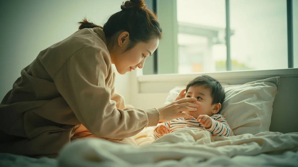 An adult encourages a young child to prepare for sleep, illustrating “time for bed” in Chinese: 该睡觉了 (gāi shuìjiào le)