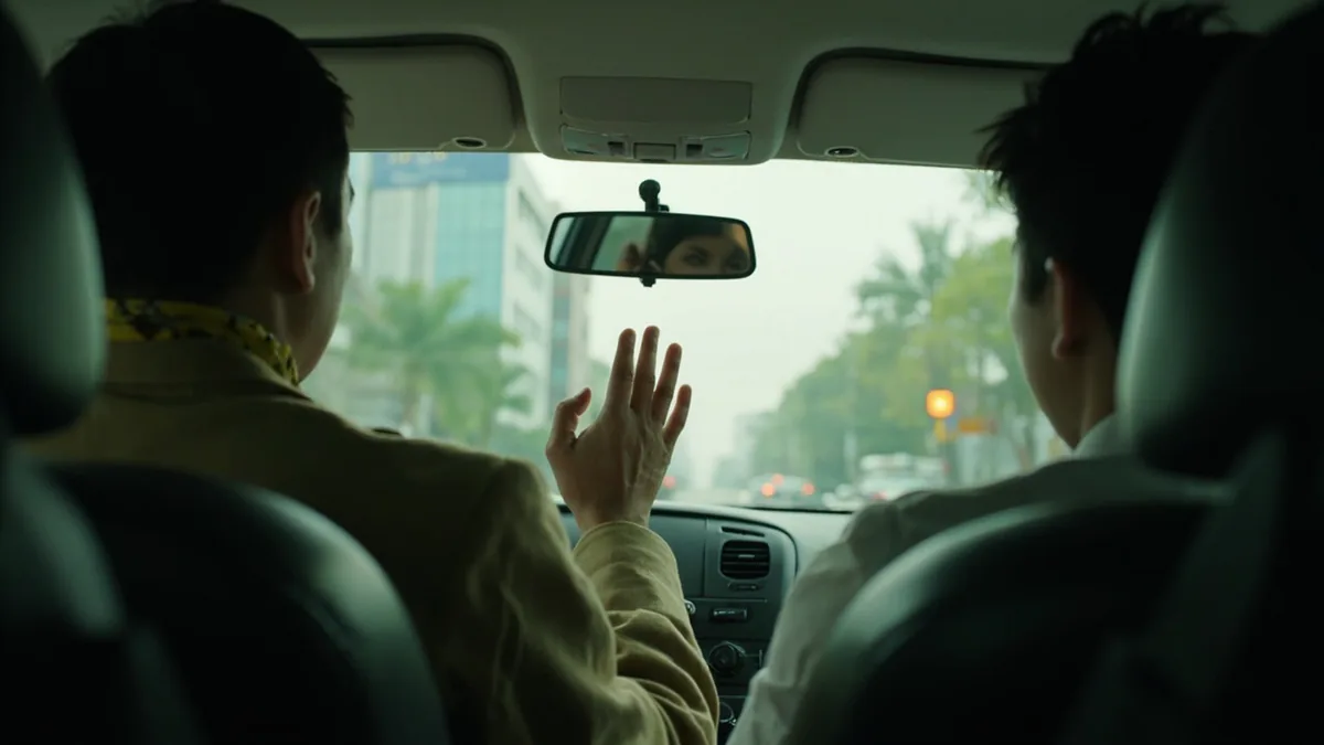 A passenger politely indicates a destination to a taxi driver, illustrating “to the airport, please” in Chinese: 去机场 (qù jīchǎng)