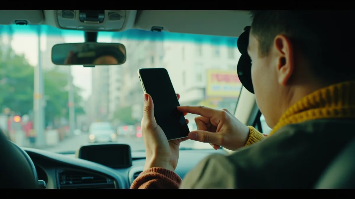 A person shows a blank phone screen with an address to a driver, illustrating “to this address, please” in Chinese: 去这个地址 (qù zhège dìzhǐ)