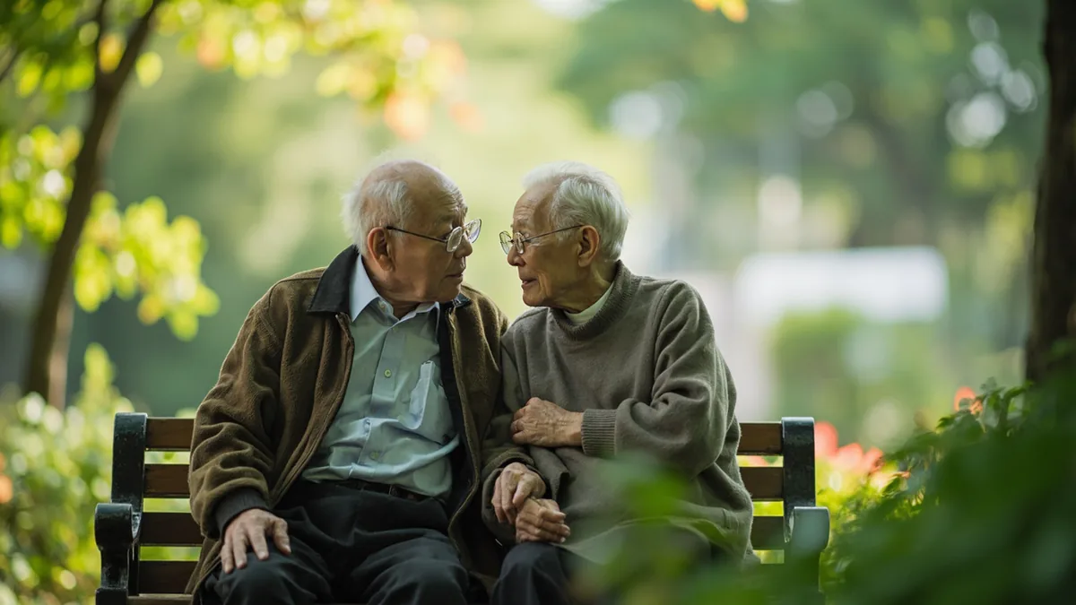 An elderly couple shares a tender, affectionate moment together, illustrating “true love” in Chinese: 真爱 (zhēn'ài)