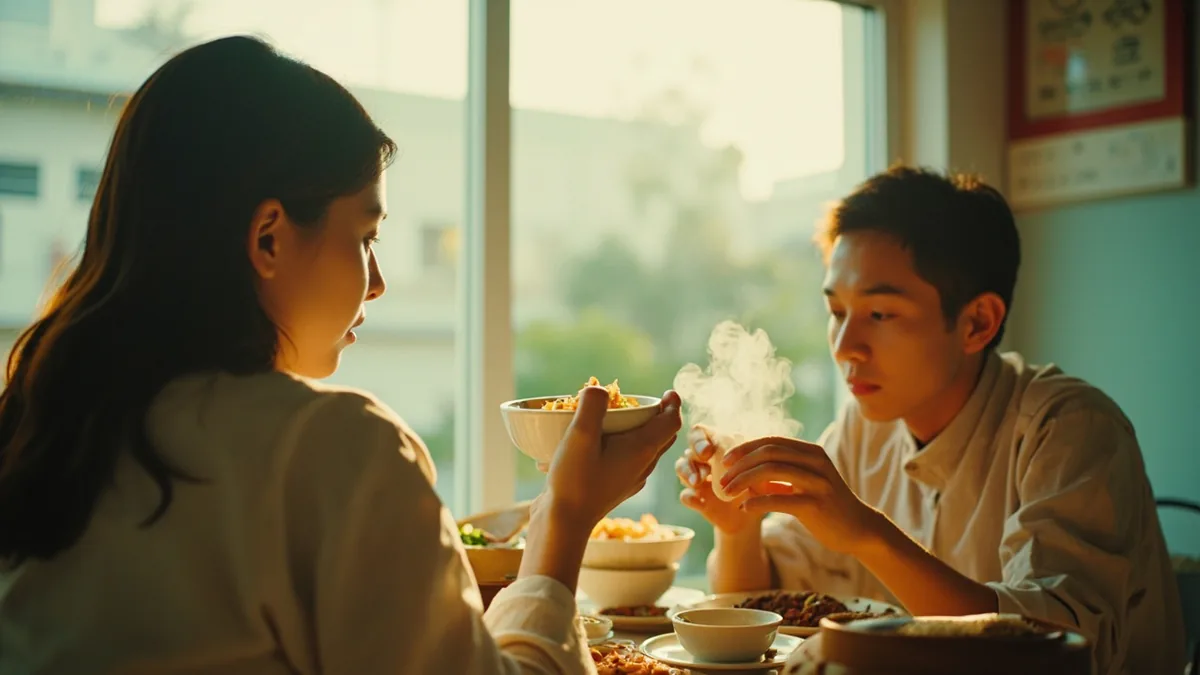 An adult offers a small bowl of food to another person at a casual family gathering, illustrating “try this” in Chinese: 尝尝这个 (chángchang zhège)