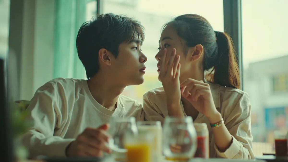 Two young adults lean in, discussing a nuanced concept with focused expressions, illustrating “useful idioms” in Chinese: 常用成语 (chángyòng chéngyǔ)