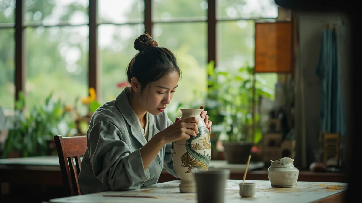 An artist carefully paints a stylized water dragon on a ceramic vase, illustrating “water dragon mythology” in Chinese: 水龙神话 (shuǐ lóng shénhuà)