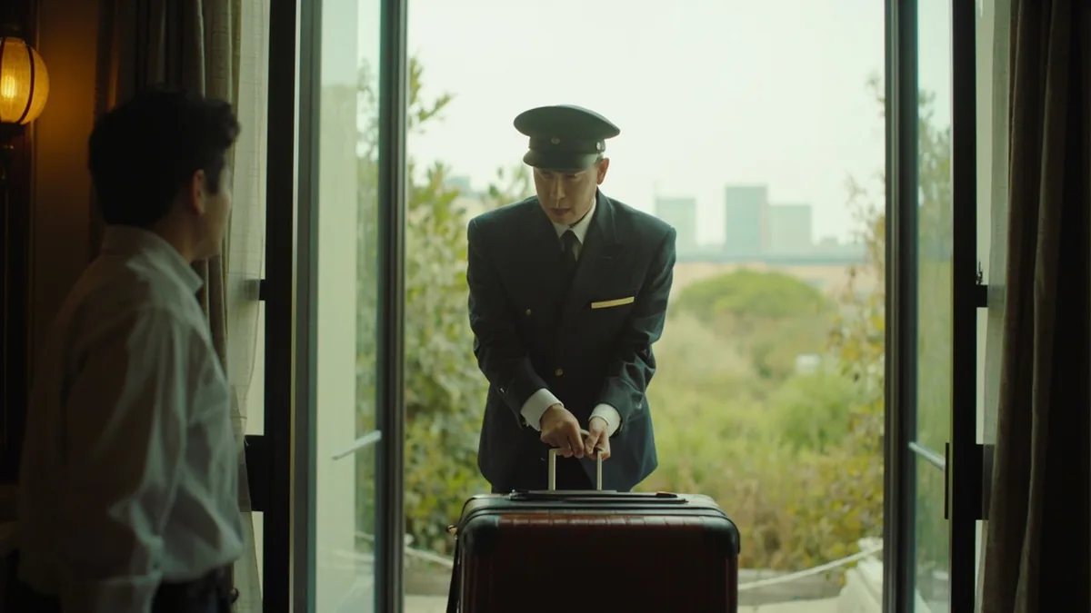 A hotel bellhop reaches to assist a guest with their rolling suitcase near an entrance, illustrating “we'll take your luggage” in Chinese: 我们帮您拿行李 (wǒmen bāng nín ná xíngli)
