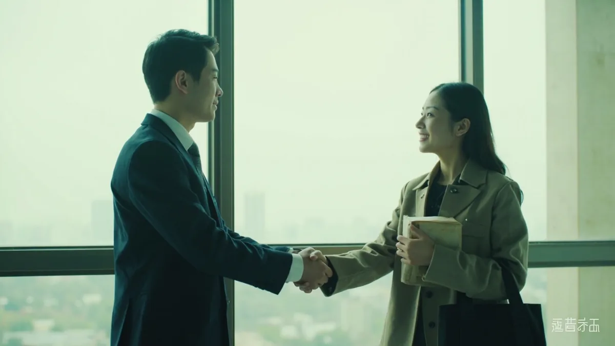 A professional greets a new employee or visitor in a modern office, illustrating “welcome to our company” in Chinese: 欢迎您来我们公司 (huānyíng nín lái wǒmen gōngsī)
