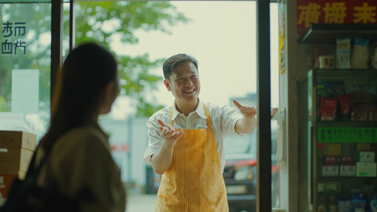 A shopkeeper welcomes customers with an open hand gesture at a store entrance, illustrating “welcome (to our store or restaurant)” in Chinese: 欢迎光临 (huānyíng guānglín)