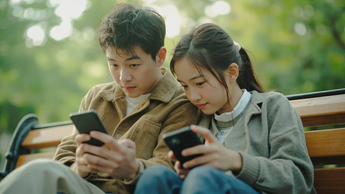 A friend looks over a shoulder at a phone screen, illustrating “what are you doing” in Chinese: 你在干什么？ (nǐ zài gàn shénme?)