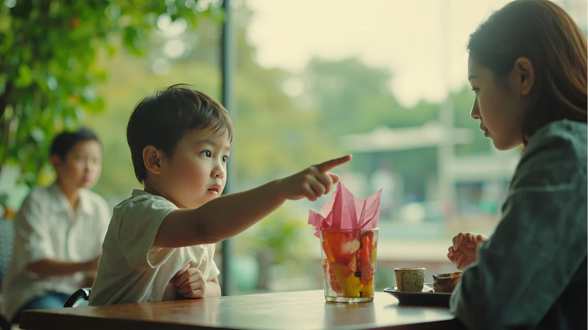 A child points curiously at an unusual object in a park, illustrating “what is that” in Chinese: 那是什么？ (nà shì shénme?)