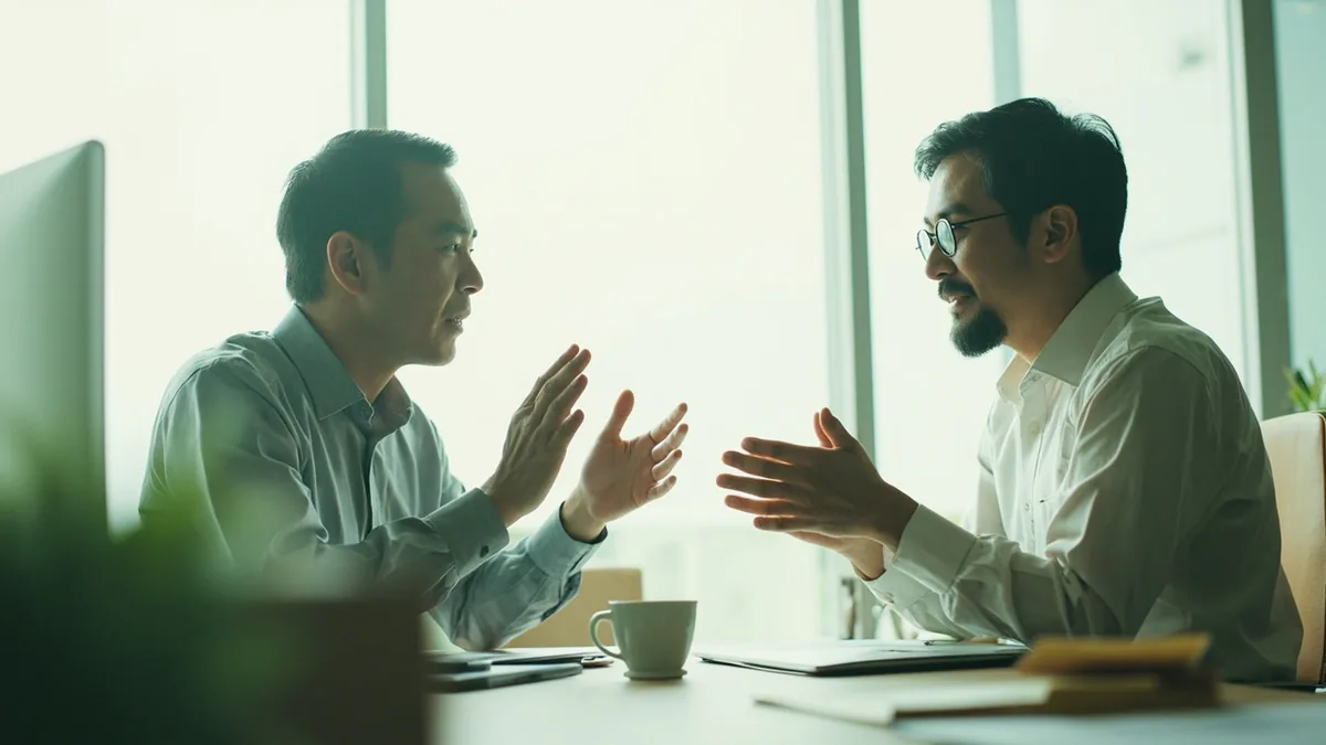 Two colleagues discuss financial limits for an upcoming project, illustrating “what's the budget” in Chinese: 预算是多少？ (yùsuàn shì duōshao?)