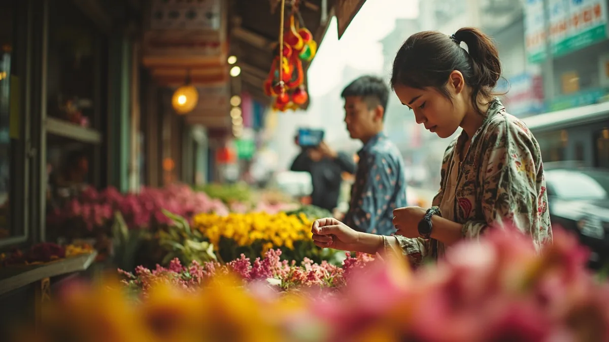 A customer at a flower stall asks the vendor about closing time, illustrating “what time do you close” in Chinese: 几点关门？ (jǐ diǎn guānmén?)