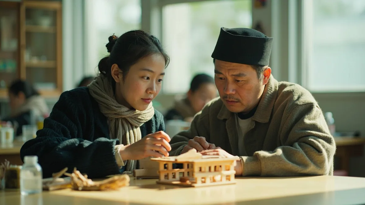 A person observes another working on a small project at a community center table, illustrating “what you doing” in Chinese: 你在做什么？ (nǐ zài zuò shénme?)