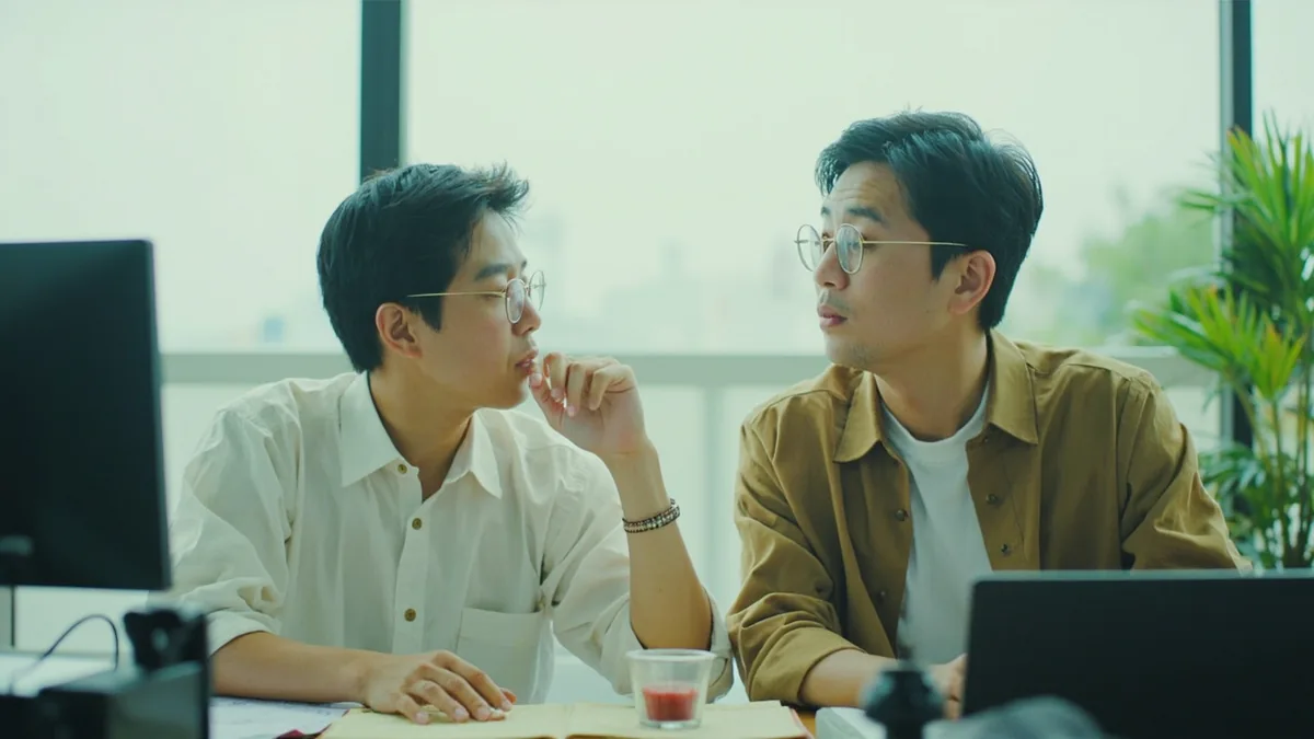 A young professional discusses an important project deadline with a colleague, illustrating “when is the deadline” in Chinese: 截止日期是什么时候？ (jiézhǐ rìqī shì shénme shíhou?)