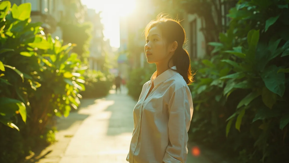 An adult with a puzzled face surveys an unfamiliar environment, seeking direction, illustrating “where am I or what is this place” in Chinese: 这里是哪儿？ (zhèlǐ shì nǎr?)