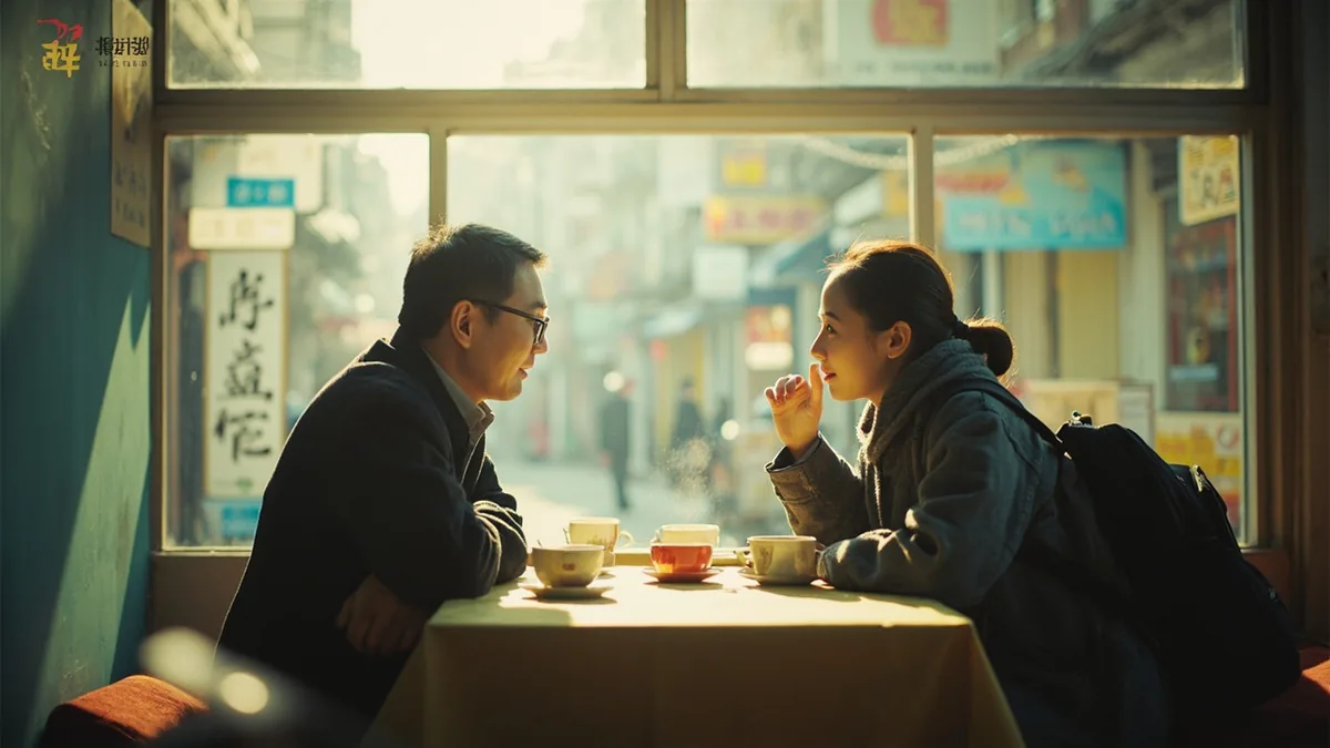 Two people talk over tea in a Chinese cafe, illustrating “where are you from” in Chinese: 你是哪里人？ (nǐ shì nǎli rén?)