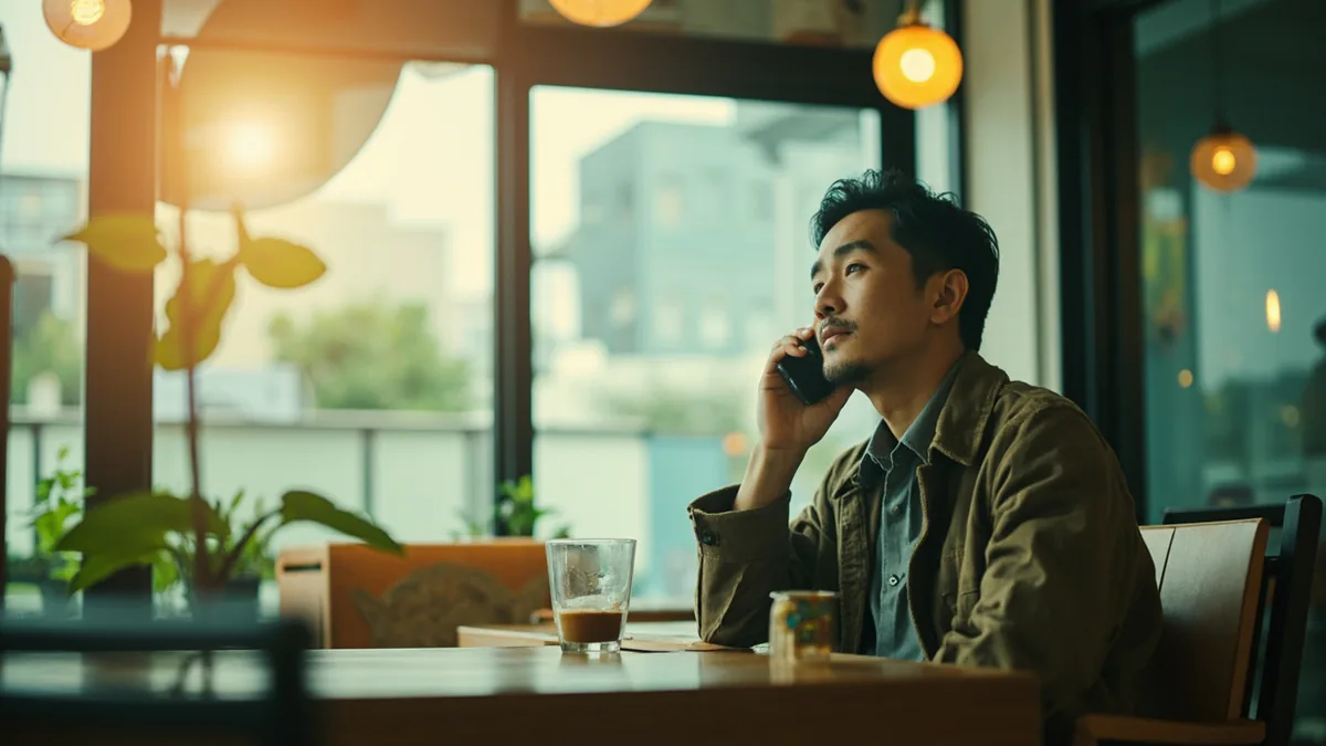 A person calls on their phone while waiting for a friend in a cafe, illustrating “where are you” in Chinese: 你在哪儿 (nǐ zài nǎr)