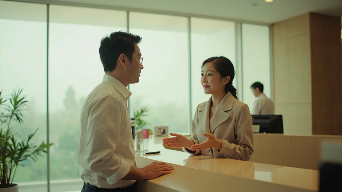 A visitor asks a hotel receptionist where to exchange currency, illustrating “where can I exchange money” in Chinese: 在哪里可以换钱？ (zài nǎli kěyǐ huàn qián?)