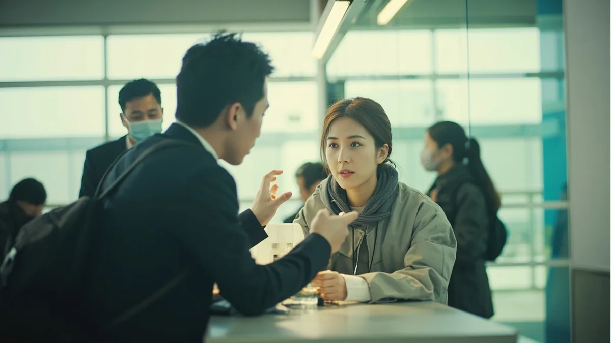 A traveler asks an information desk attendant about where to purchase a phone service card, illustrating “where can I get a sim card” in Chinese: 在哪儿办电话卡？ (zài nǎr bàn diànhuàkǎ?)