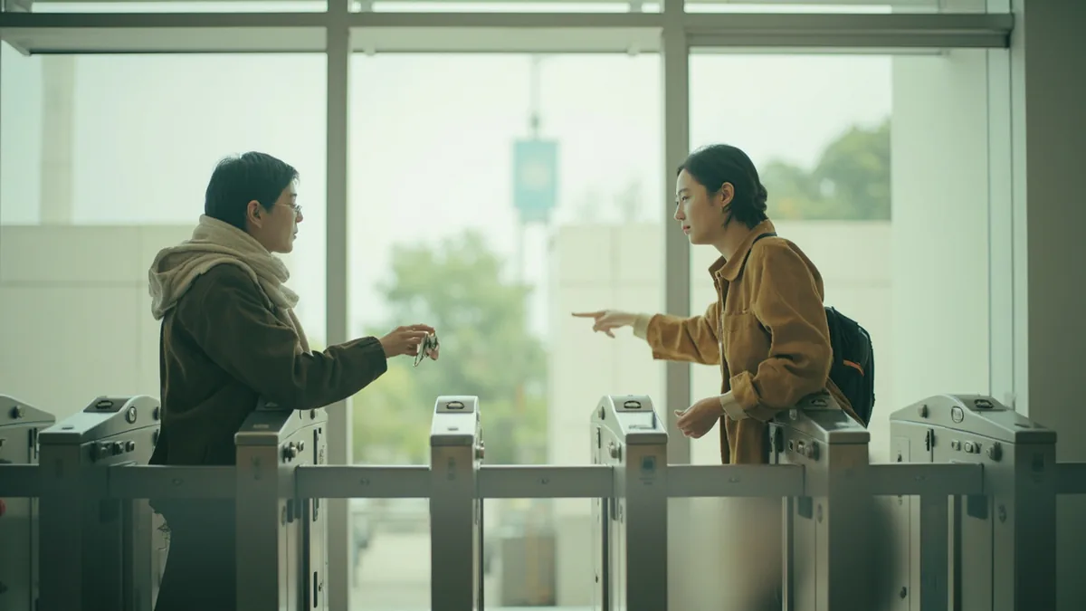 A traveler asks an attendant near station turnstiles, illustrating “where do I buy tickets” in Chinese: 在哪儿买票？ (zài nǎr mǎi piào?)