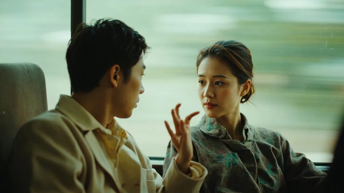 A traveler asks a fellow passenger for help with their journey, illustrating “where do I transfer” in Chinese: 在哪儿换乘？ (zài nǎr huànchéng?)