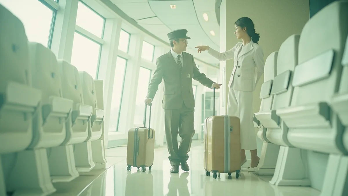 A crew member points a traveler down a corridor, illustrating “where is the boarding gate” in Chinese: 登机口在哪里？ (dēngjīkǒu zài nǎli?)
