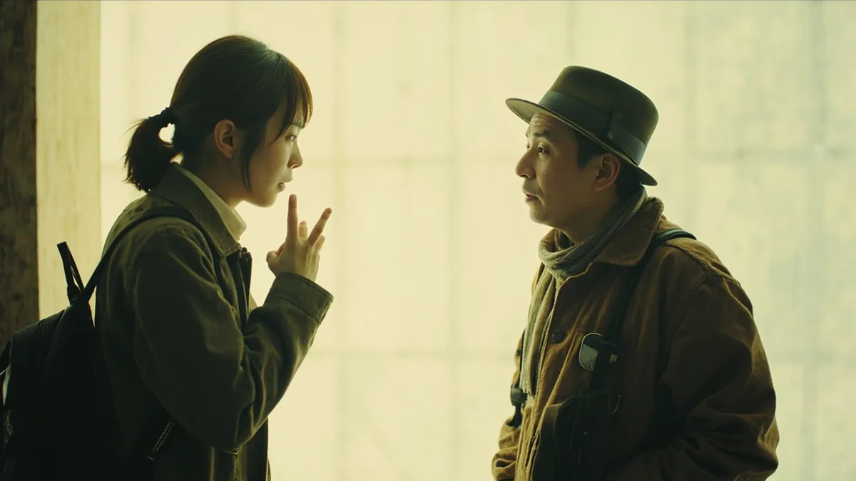 Traveler gestures, asking a local for directions on a bright street, illustrating “where is the subway station” in Chinese: 地铁站在哪里？ (dìtiě zhàn zài nǎli?)