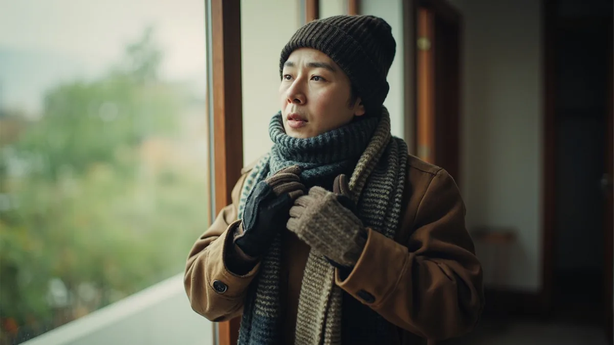 A person bundles up in warm layers before going out, illustrating “winter” in Chinese: 冬天 (dōngtiān)
