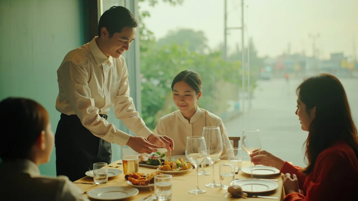 A restaurant server approaches a table to ask if diners are ready for their check, illustrating “would you like the bill now” in Chinese: 现在结账吗？ (xiànzài jiézhàng ma?)
