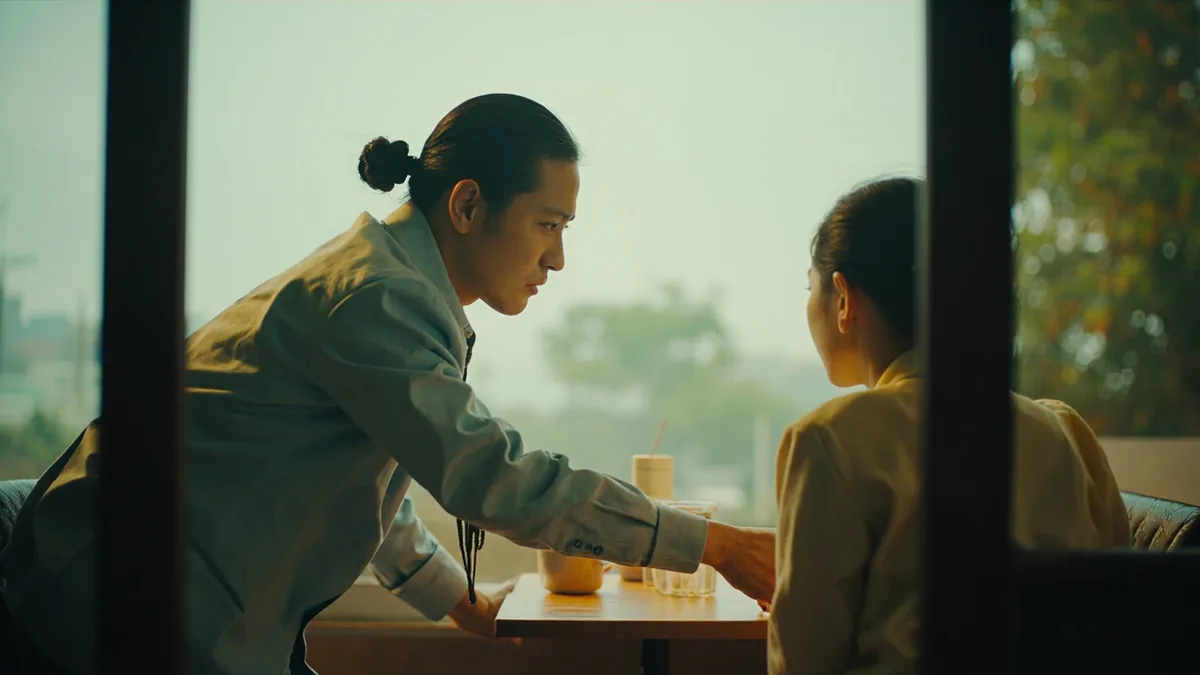 An adult politely asks if they can share a table in a crowded cafe, illustrating “would you mind sharing a table” in Chinese: 可以拼桌吗？ (kěyǐ pīn zhuō ma?)