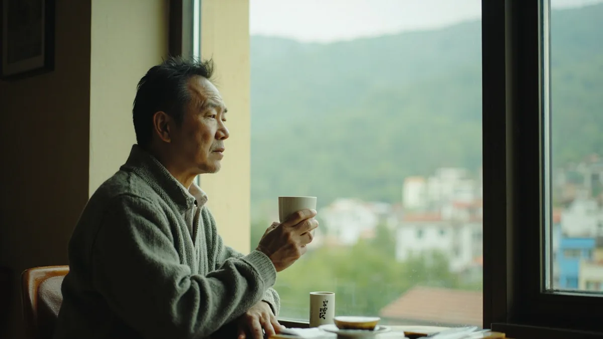 A young person thoughtfully gazes out a window, contemplating their future goals, illustrating “year wish” in Chinese: 新年愿望 (xīnnián yuànwàng)