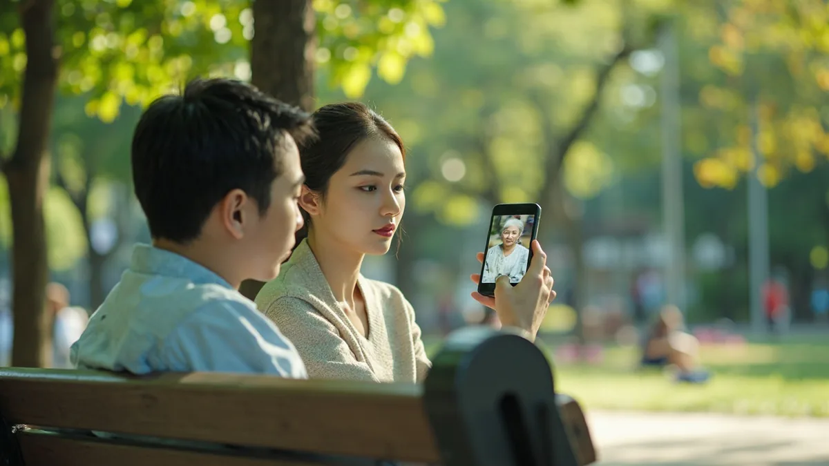A young adult points to a photo on a phone while chatting with a friend, illustrating “your mom” in Chinese: 你妈妈 (nǐ māma)