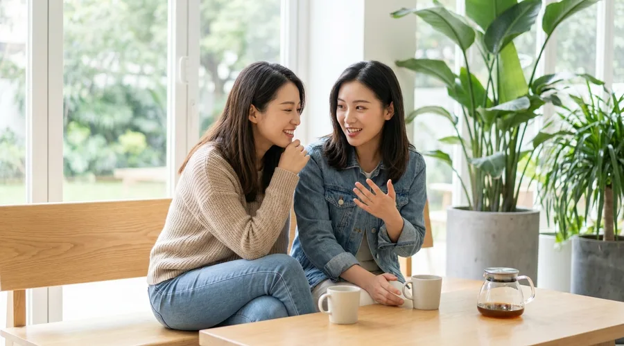 Two friends sit on a bright bench, one listening closely to the other