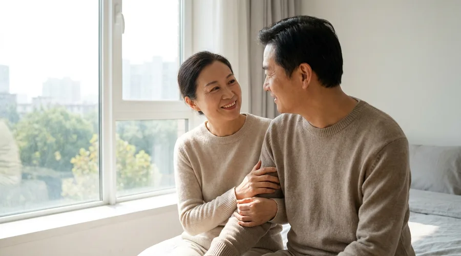 A couple stands close by a sunlit window, one smiling warmly at the other