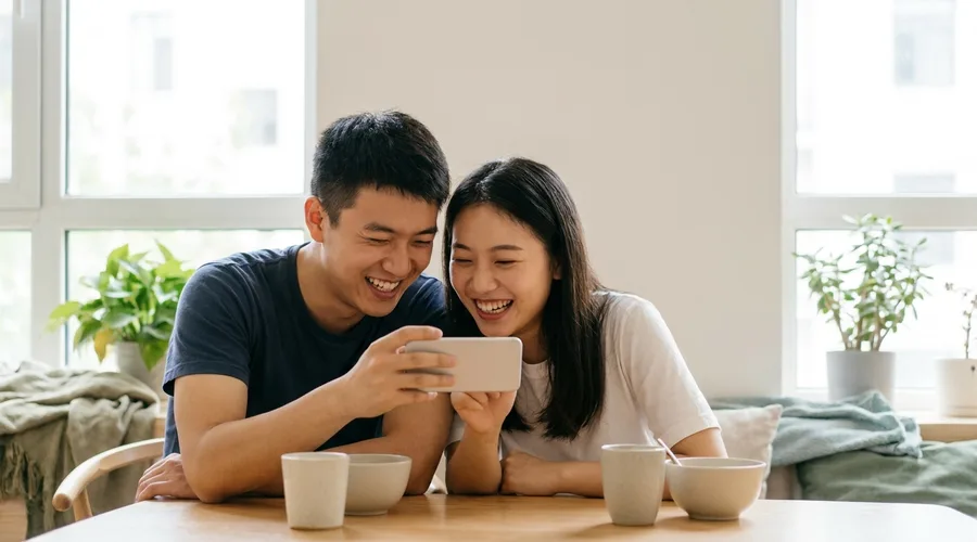 Two friends laugh over a phone held between them, its back to the viewer