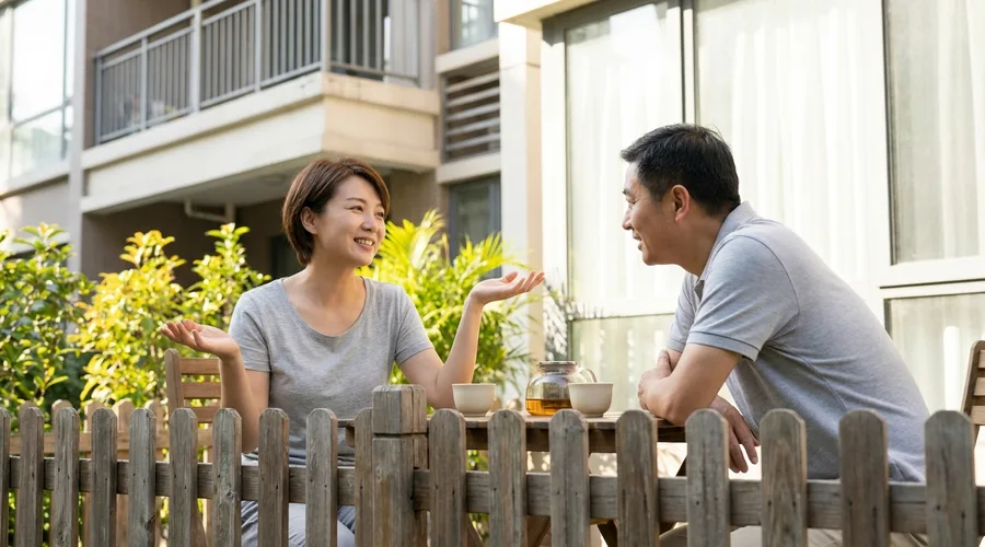 Two neighbours chat casually over a low garden fence in bright daylight