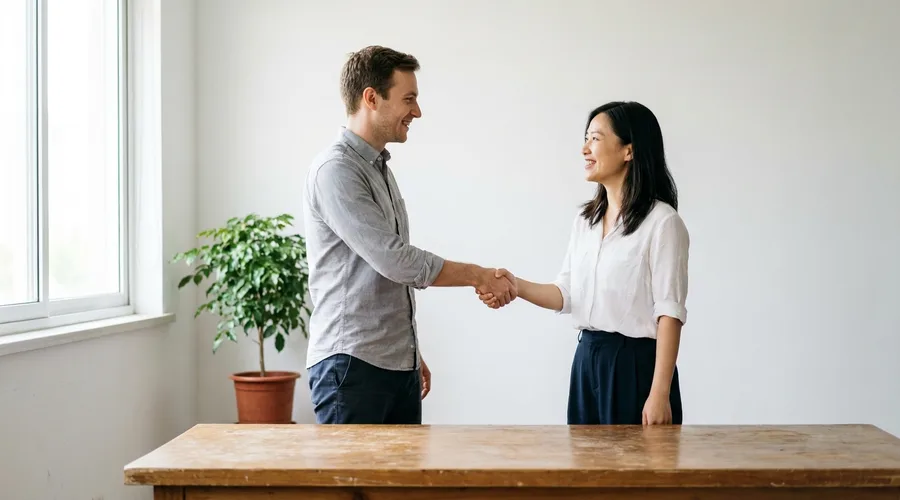 Two colleagues shake hands across a bare desk in a bright office
